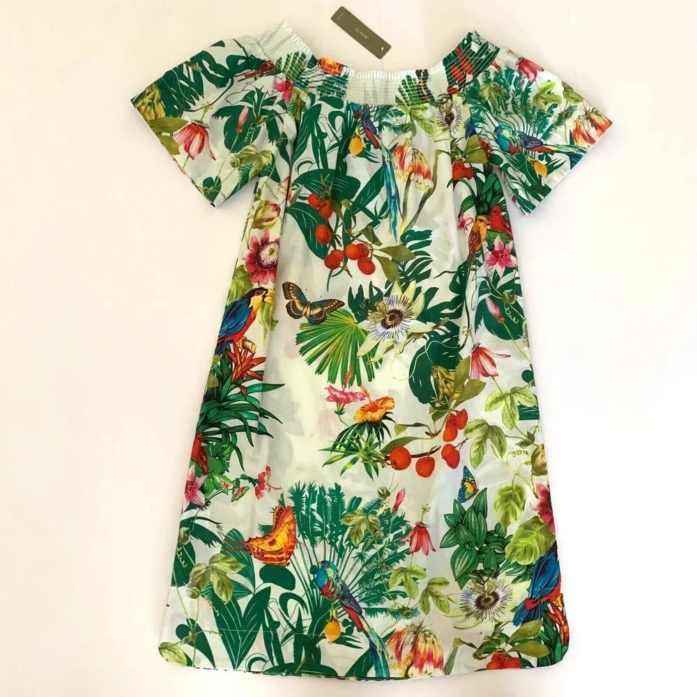 NWT J. Crew Ratti Into the Wild Jungle Off Shoulder Dress‎ 000 XXS Bird Tropical